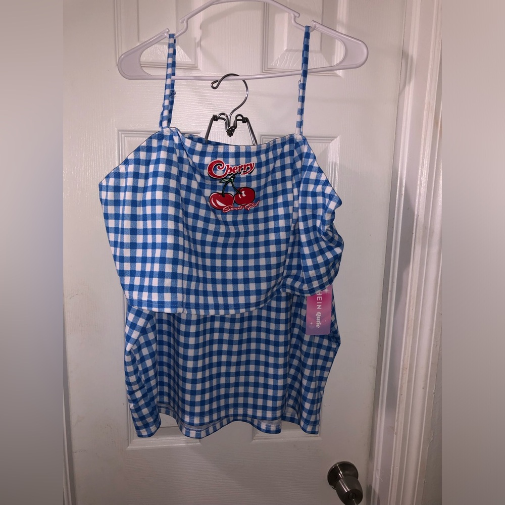 Plus Size Shein 2 piece Blue Plaid Cherry Top & Skirt Set